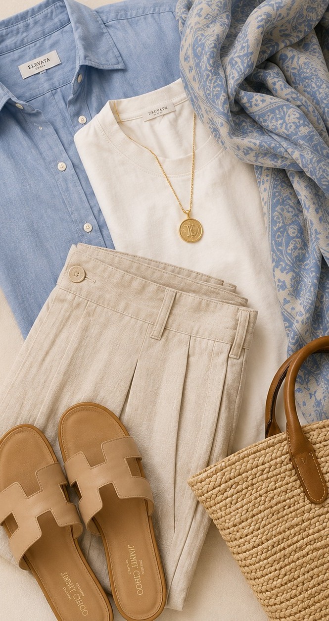 A curated flat lay in camel, ivory and French blue