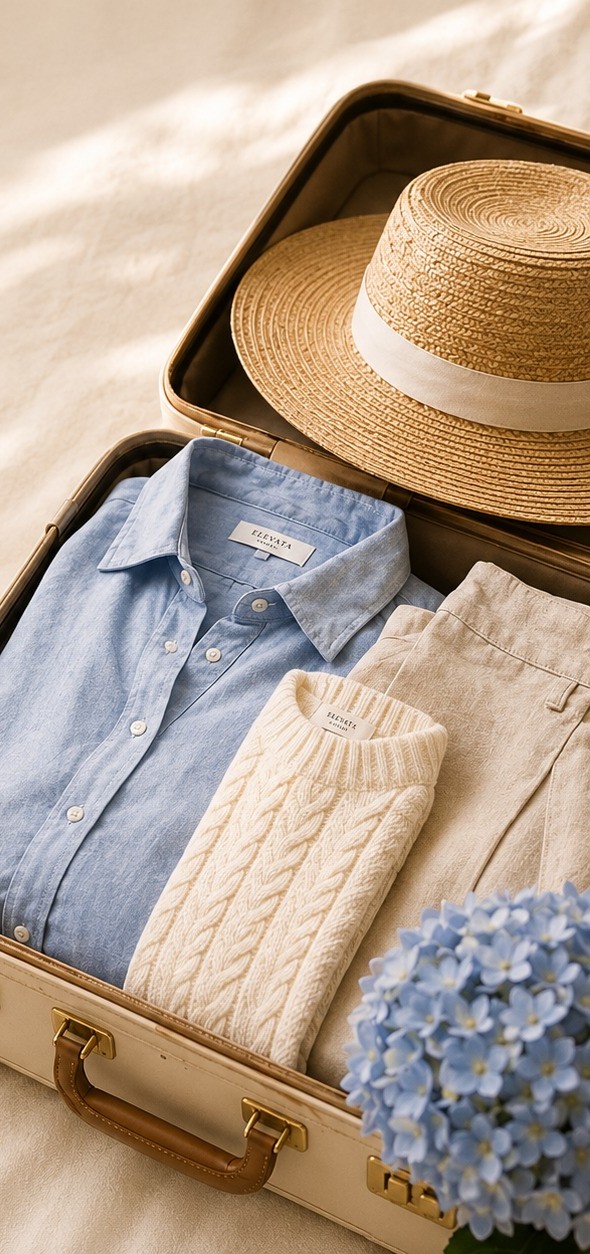 A packed suitcase with linen shirts and a straw hat